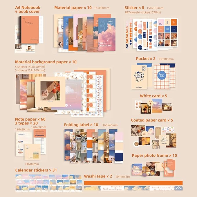 348 Pcs Scrapbooking Supplies Kit, Vintage Aesthetic Scrapbook Kit for Bullet Junk Journal, Stationery, A6 Grid Notebook, DIY Journaling Supplies, Birthday Craft Gift for Teen Girl Kid Women