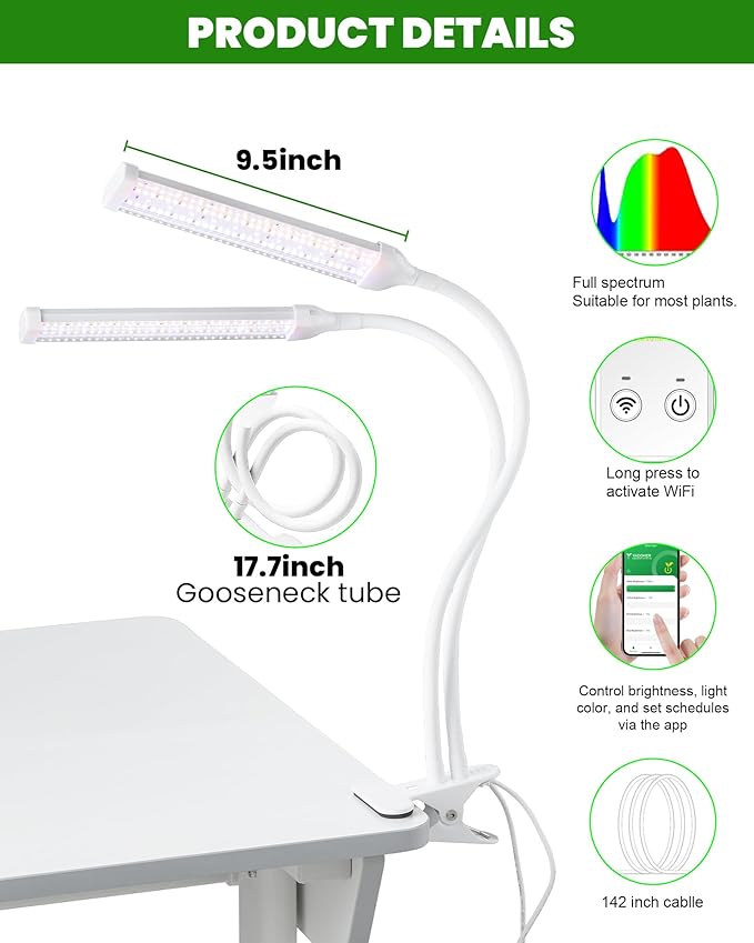 yadoker Clip LED Growing Light Full Spectrum for Indoor Plants,Plant Lamp with 360°Rotatable Gooseneck,10 Level Dimmable, Automatic Timer, 5V Low Safe Voltage,Idea for Small Plants