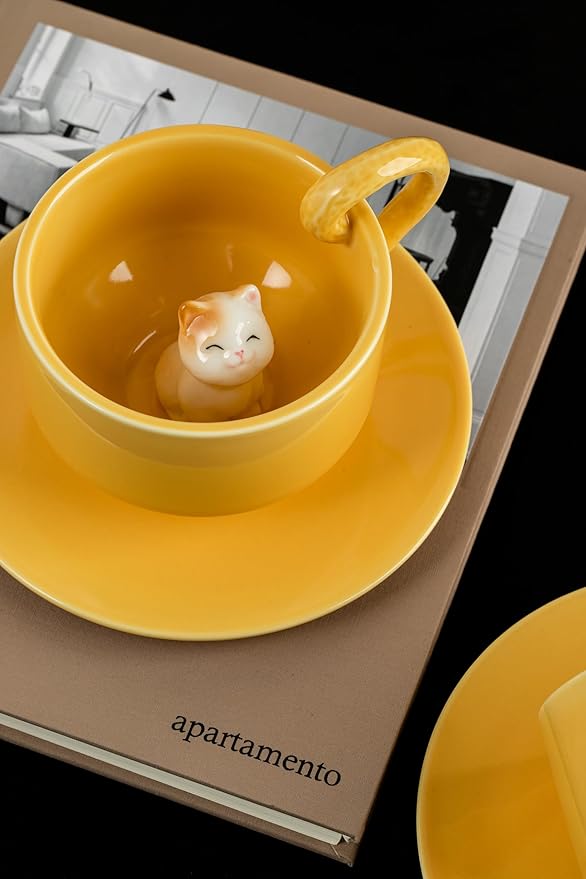 DIHOclub Ceramic Coffee Mug With Saucer 3D Cat Sculpture With Tail Handle - Elegant Office & Gift-Ready Tea Cup for Pet Lovers, Birthday, Christmas (Yellow Cat)