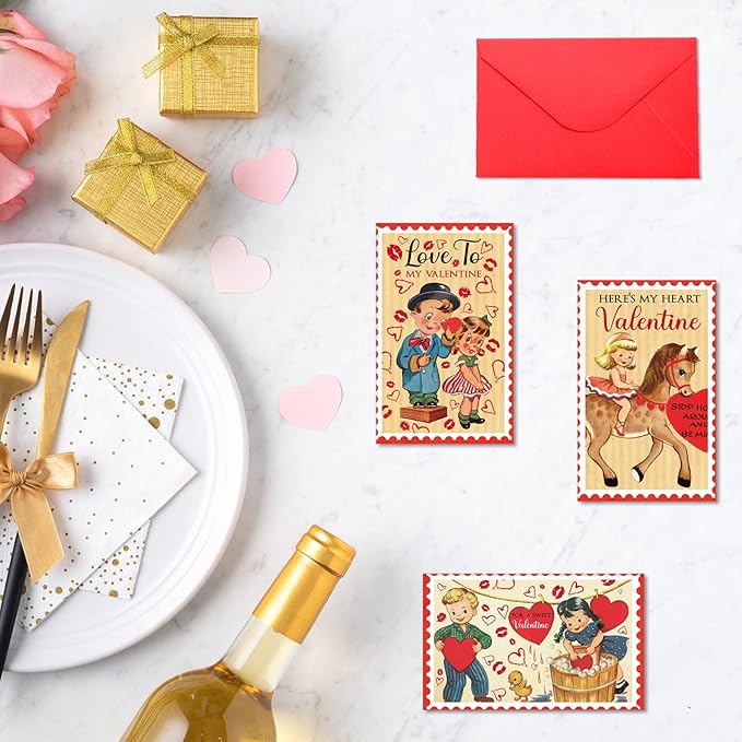 Eaasty 48 Sets Mini Vintage Valentines Day Cards with Envelopes Cute Valentine's Day Greeting Cards Assortment Retro Couple Love Postcards for Adults Lovers Boyfriend Girlfriend (Cute)