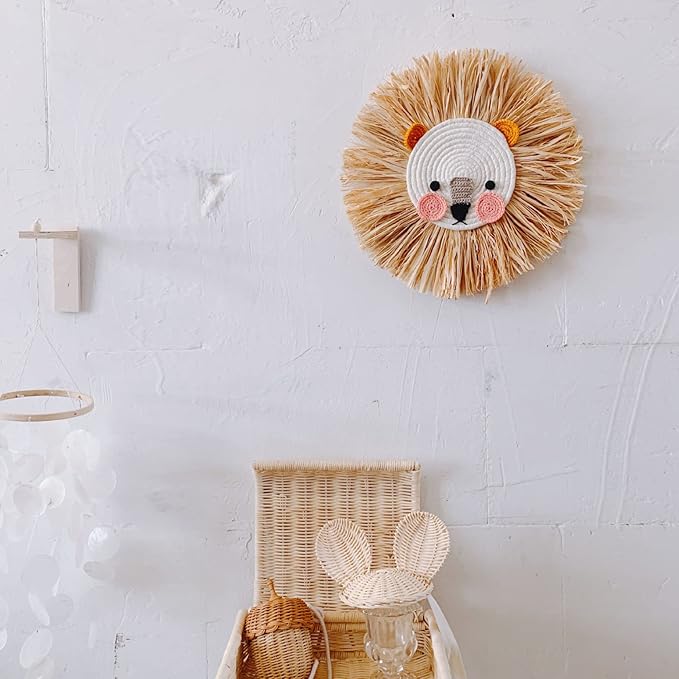 Charlbytion Wall Art Animal Head Hand Knitted Hanging,Cotton Thread Weaving Straw Cartoon Tassel Beard Lion Tiger Macrame Pendant Nursery Room Wall Decor for Home Decoration (16''*16'', G)