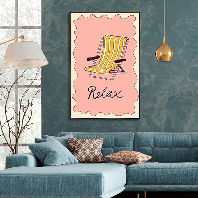 Metal Black Frame Abstract Pink Yellow Ocean Coastal Beach Chair Wall Art Trendy Summer Relaxing Seaside Canvas Prints Painting Aesthetic Preppy Decor Picture for Living Room Decoration 24x36inch