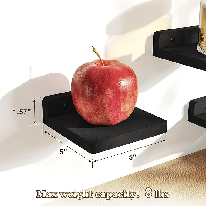 SRIWATANA Small Floating Shelves Wall Mounted, Wood Shelf for Decoration and Storage Set of 4, Mini Display Shelf for Bedroom, Bathroom, Kitchen, Office (Black, 5 inch)