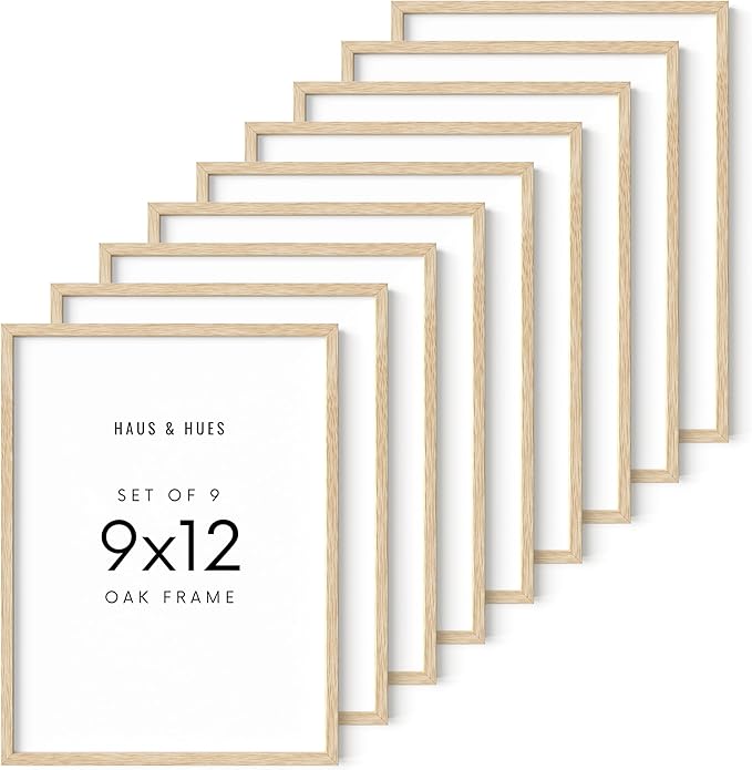 HAUS AND HUES Beige Oak Wood 9x12 Picture Frame - Modern Wood Wall Art Display - Lightweight 9x12 Frame for Art Prints, Photos, Posters - Ready-to-Hang Vertically & Horizontally (Set of 9)