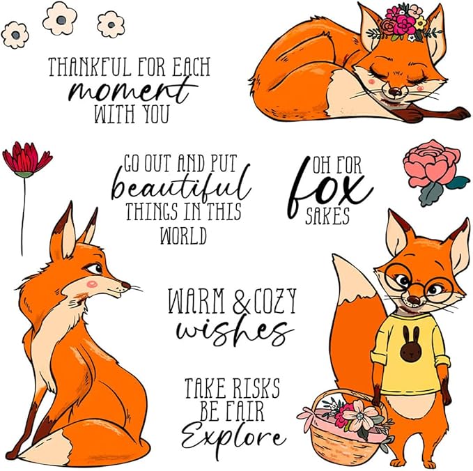 Fox Flower Basket Stamps and Cutting Dies for Card Making DIY Transparent Silicone Clear Stamp and Metal Die Cuts Sets for Scrapbooking Paper Greeting Cards Decor Seals Craft Supplies