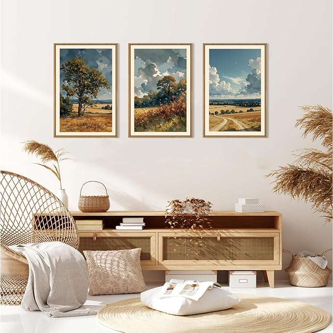 KAIRNE Farmhouse Landscape Wall Art Set of 3, Nature Country Scenery Art Prints, Blue Vintage Watercolor Wall Decor, Rustic Wilderness Paintings for Living Room, Bedroom, Office, 16x24 Inch