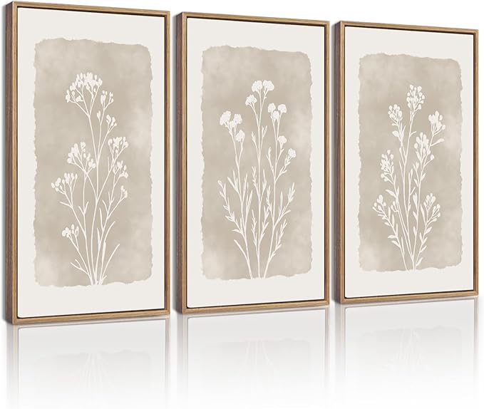 KUVIOKE Boho Botanical Flower Framed Wall Art Farmhouse Vintage Floral Wall Painting Rustic Wildflower Neutral Prints Artwork Home Decor 16x24in (Natural Framed)