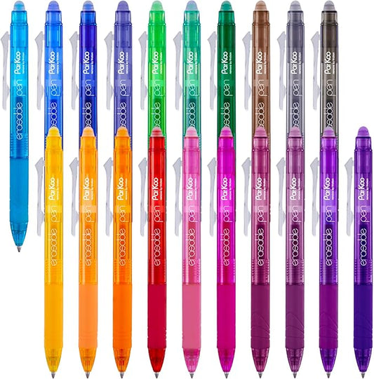 ParKoo 20 Colors Retractable Erasable Gel Pens Clicker, Fine Point 0.7 mm, Make Mistakes Disappear, Comfort Grip for Drawing Writing Planners and Crossword Puzzles