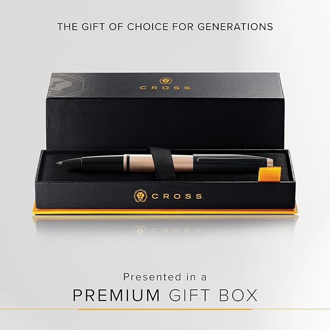 Cross Calais Refillable Rollerball Pen Presented in a Luxury Gift Box - Medium Point, Black Ink, Brushed Rose Gold & Black