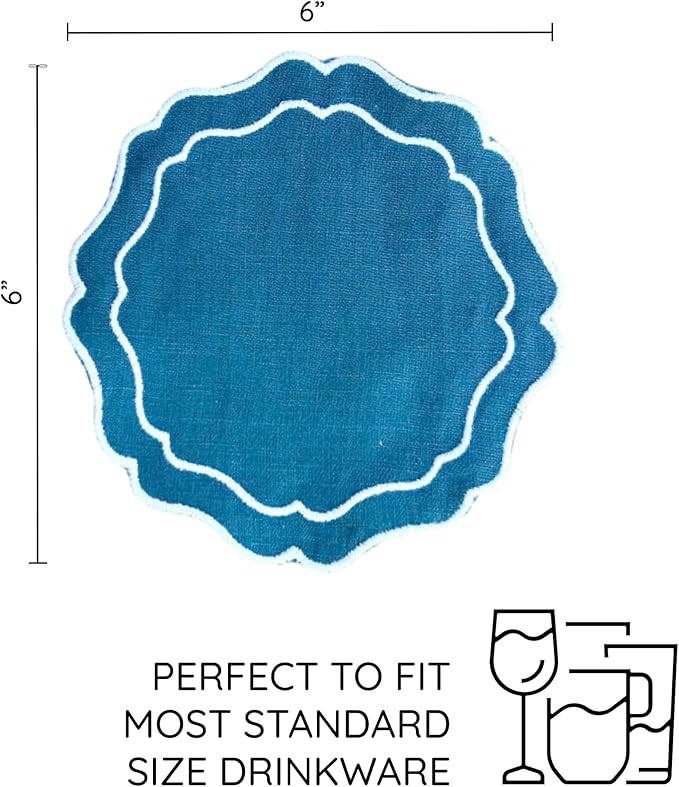 Drink Coasters Set of 6, 6x6 inch, Absorbent Linen Drink Mats with Scalloped Edge, Reusable Handmade Coffee Coasters for Home Decor & Tabletop Protection & Gift Giving (Peacock)