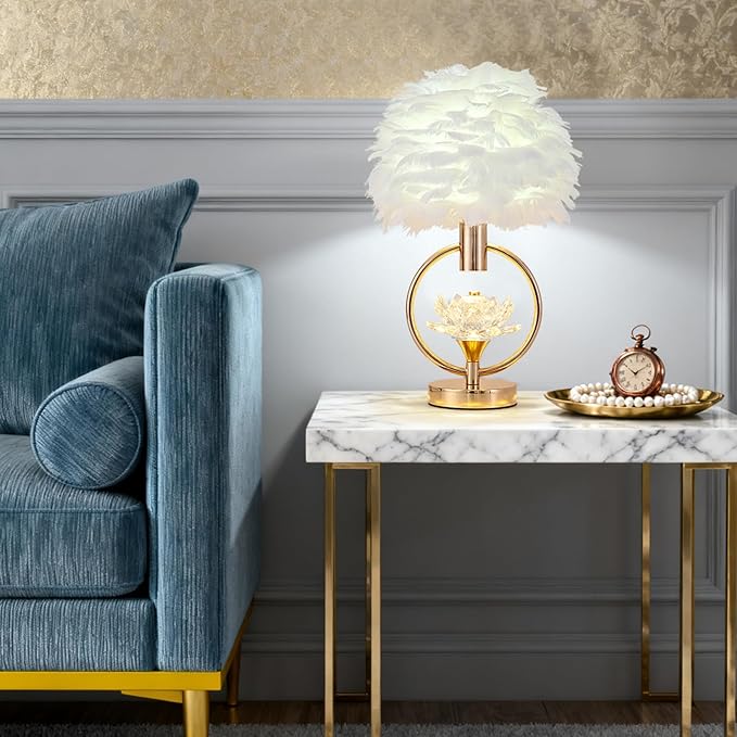 ZYLEIESENBAO Chic White Feather Lamp 17IN Modern Crystal Fluffy Table Lamp Cute Romantic Bedside Nightstand Light Nordic Desk Lamp for Girl Bedroom Living Room Entry Office Wedding Christmas Gift