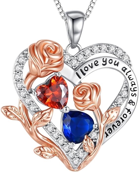 I Love You Birthstone Necklace, 925 Sterling Silver Heart Pendant with CZ Diamond Stones, Birthday Gifts for Women, Romantic Gift for Wife, Girlfriend, Her, Anniversary, Valentine's Day, Christmas