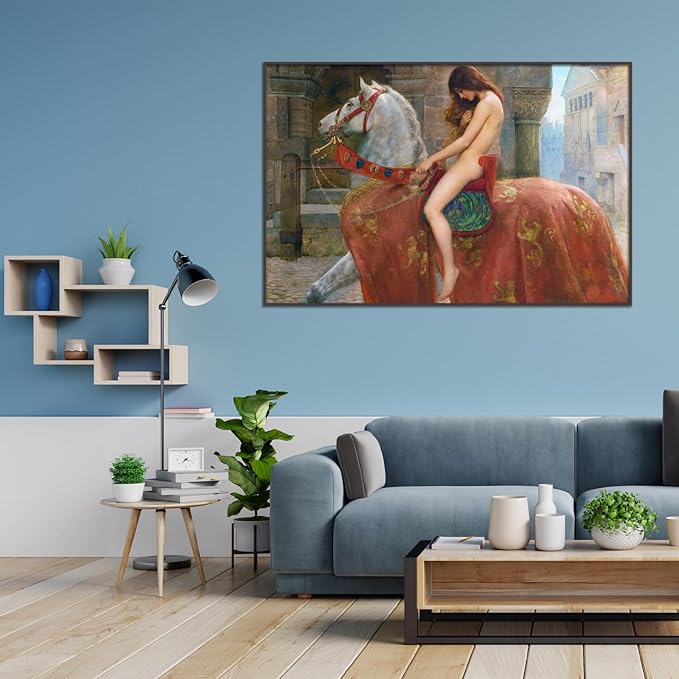 John Collier Canvas Wall Art Lady Godiva Poster Pre-Raphaelite Style Art Painting Figure Historical Illustration Famous Oil Painting Print Suitable for Home Office Wall Decor Unframed(12x18in/30x45cm)