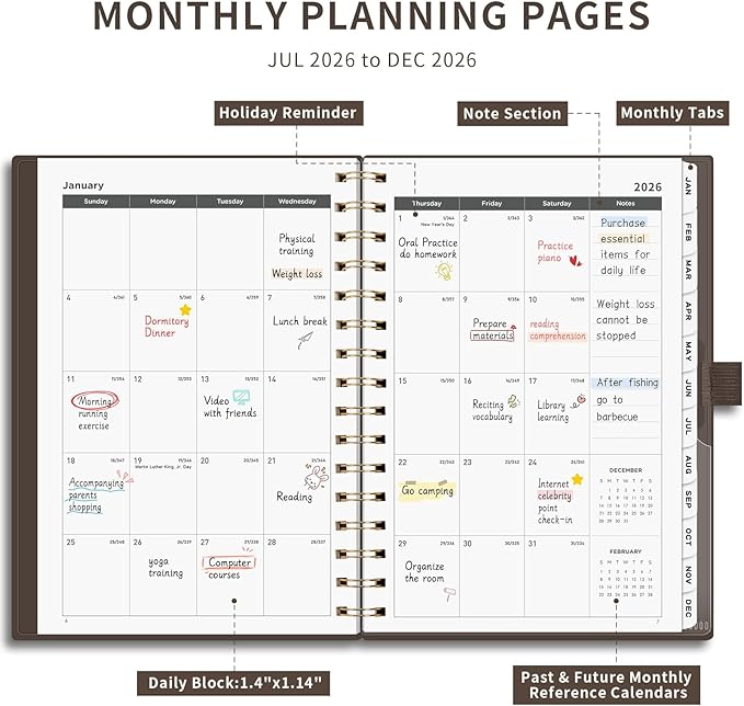 AHGXG 2026 Planner, Weekly and Monthly, Jan 2026 - Dec 2026, 12 Months, 2026 Calendar Planner Book with Tabs for Men Women School Home Office Supplies, A5 (6" X 8.38"), Coffee
