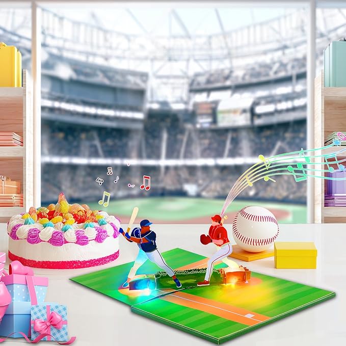GREETING ART Musical Baseball Birthday Card, Birthday Card With Music and Lights, Baseball Pop Up Card, Happy Birthday Card for Son, Men, Dad, Hsuband, Baseball Lovers