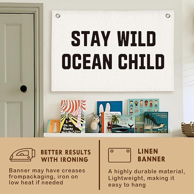 Lacama Beach Theme Wall Decor for Boys Room, Coastal Kids Playroom Nursery Hanging Sign, Stay Wild Ocean Child Linen Canvas Banner, Rustic Nautical Surf 20x30 Inch