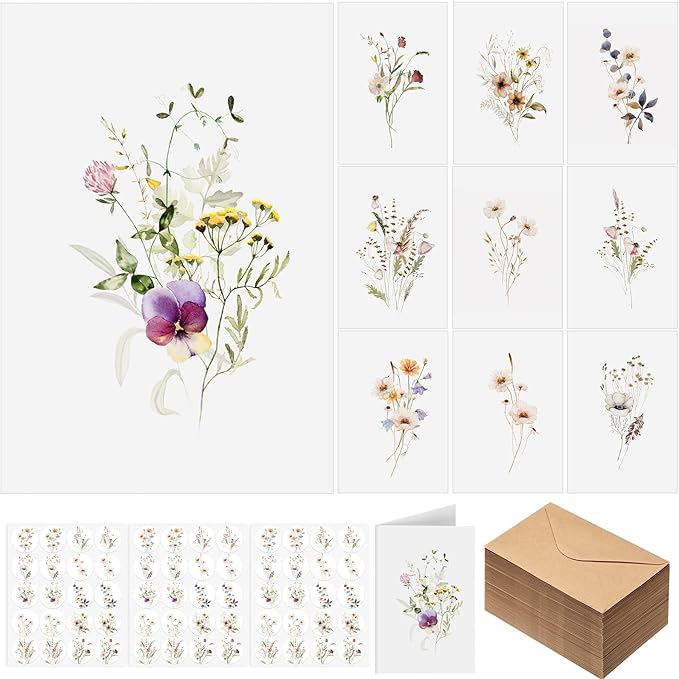 50 Pcs Blank Greeting Cards 4x6, Elegant Floral Design Blank Cards with Envelopes, 10 Designs, Ideal Stationary Set for All Occasions, Stationary with Matching White Envelopes and Stickers