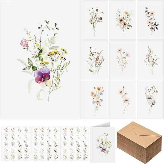 50 Pcs Blank Greeting Cards 4x6, Elegant Floral Design Blank Cards with Envelopes, 10 Designs, Ideal Stationary Set for All Occasions, Stationary with Matching White Envelopes and Stickers