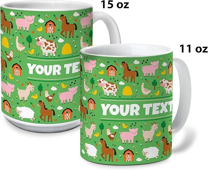 Personalized Mug for Kids - Farm Animals - Custom Name/Text, Ceramic Hot Chocolate/Cocoa/Coffee Cup for Boys/Girls, Birthday/Christmas/Holiday Gift - 15 oz, Pink Handle