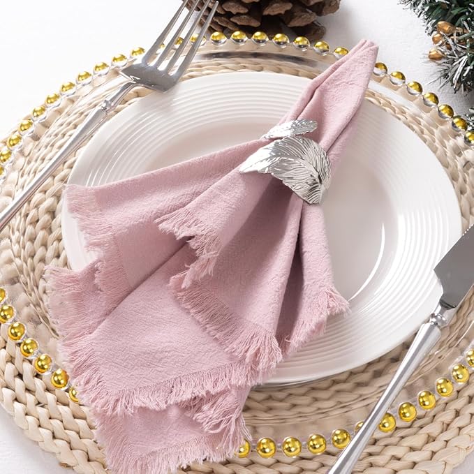 12 Pack Pink Cotton Linen Napkins with Fringe Spring Cloth Napkins Set of 12 Boho Handmade Dinner Napkins Bulk for Wedding Bridal Baby Shower Valentine's Day, 17 x 17 Inches
