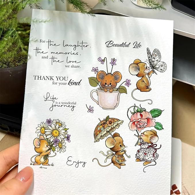 Mouse Holding Flowers Stamps and Cutting Dies for Card Making DIY Transparent Silicone Clear Stamp and Metal Die Cuts Sets for Scrapbooking Paper Greeting Cards Decor Seals Craft Supplies