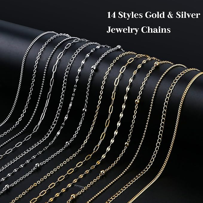 Wisreach 18K Gold & Silver Chain for Jewelry Making, 80 Feet 14 Rolls DIY Bracelet Chains with 200 Jump Rings, 20 Lobster Clasps & 20 Connectors