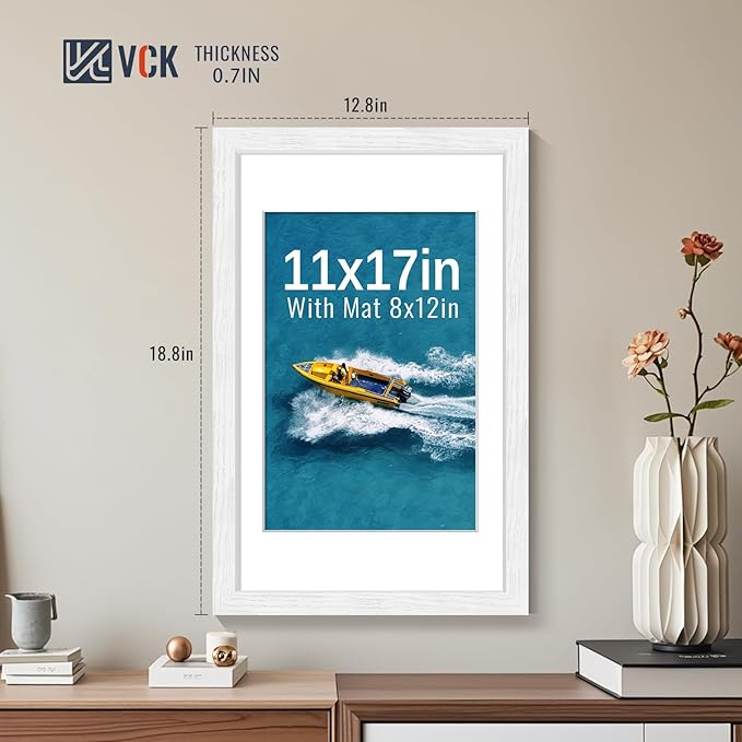 VCK 11x17 Picture Frames White Set of 5, Wide Border Wood, Tempered Glass, Display 8x12 Photo with Mat or 11 x 17 without, for Home, Office, Gallery, Woodgrain Series, Wall Hanging