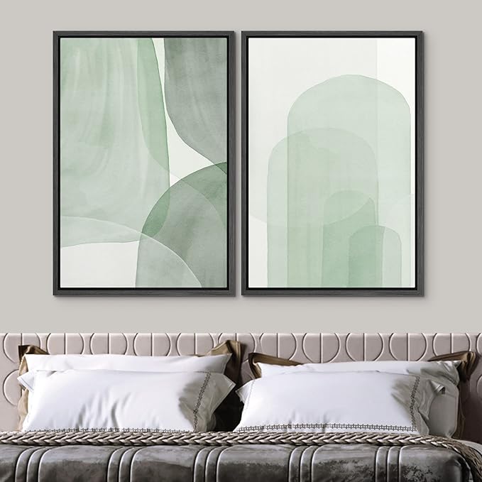 SIGNWIN Framed Canvas Print Wall Art Set Pastel Watercolor Green Polygon Collage Abstract Shapes Illustrations Modern Art Minimal Boho Colorful for Living Room, Bedroom, Office - 24"x36"x2 Black