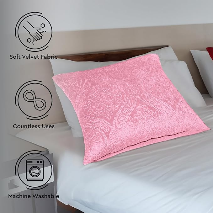 Encasa XO Luxury Embossed Velvet Cushion Covers - Plush Throw Pillow Covers for Elegant Living Rooms & Bedrooms, Machine Washable, 18x18 Pink | Set of 2 | Covers Only No Insert.