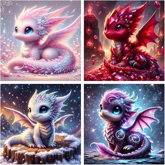 Acelii 4PCS 5D Diamond Art Kits for Adults Beginners,Dragon DIY Full Round Drill Diamond Painting Kits, Paint by Diamonds Dots Gem Art Easy,Home Wall Decor 12X12 Inch