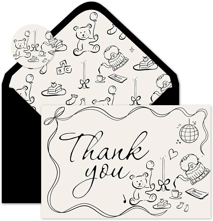 Whaline 24 Pack Baby Shower Thank You Cards Greeting Card with Envelope Sticker Black Bear Cake Greeting Blank Note Cards for Birthday Gender Reveal