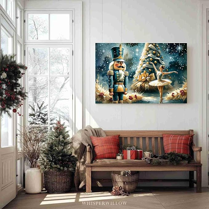 Christmas Wall Art Holiday Decor Nutcracker and Ballerina Winter Scene Poster Modern Farmhouse Poster Vintage Oil Painting Print Indoor Decor for Home Bedroom Christmas Holiday Framed Ready to Hang