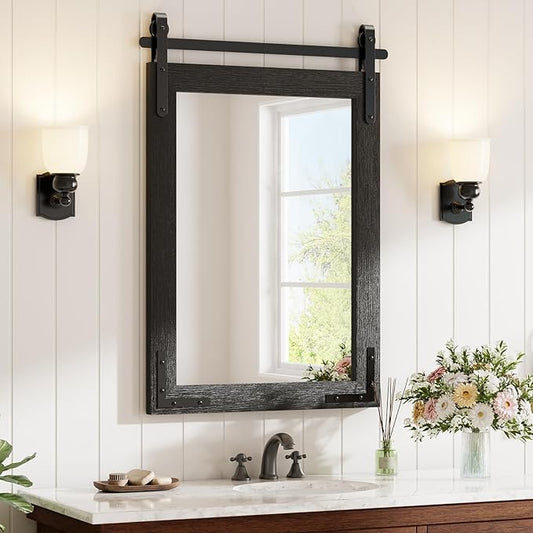 22” x 30” Black Farmhouse Barn Door Mirror with Rustic Solid Wood Frame, Shatterproof Glass, No Assembly Required – Perfect for Farmhouse Style Decor