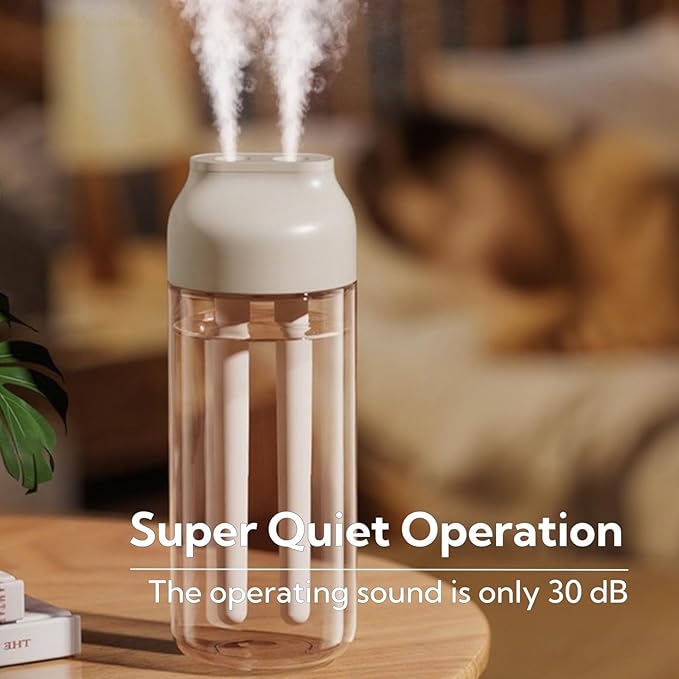 Portable Small Humidifier Dual Nozzle - Large Cool Mist Humidifiers Double Spray Ports, Water Shortage Protection, Ultra-Quiet, Mini Humidifier for Bedroom Plants Office Car Travel (P07)