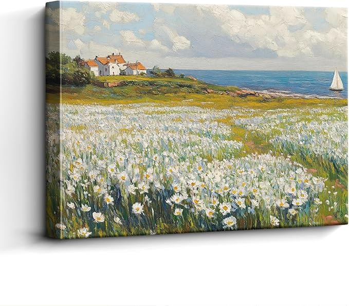 WOXZQ Coastal Daisy Field Wall Art – 15x12 Inch Cottage by the Sea Print – Vintage Floral Landscape with Sailboat – Frameless Laminated Paper – Hanging & Tabletop Display