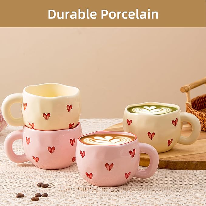 4pcs Cute Ceramic Coffee Mug, 9.4OZ Pink Yellow Porcelain Tea Mugs, Ceramic Hearts Cup Sets for Matcha, Dishwasher & Microwave Safe, Gift for women(Love)