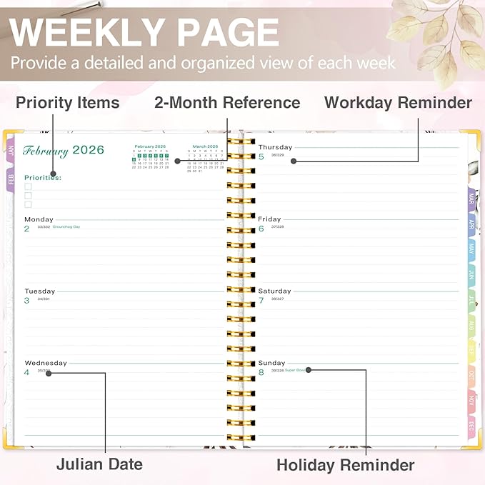GuassLee 2026 Weekly Monthly Planner A4, 12-Month Hardcover Large Calendar Planner with Tabs, Stickers & Pocket, January 2026 to December 2026 Daily Planner Organizer for School Home Office