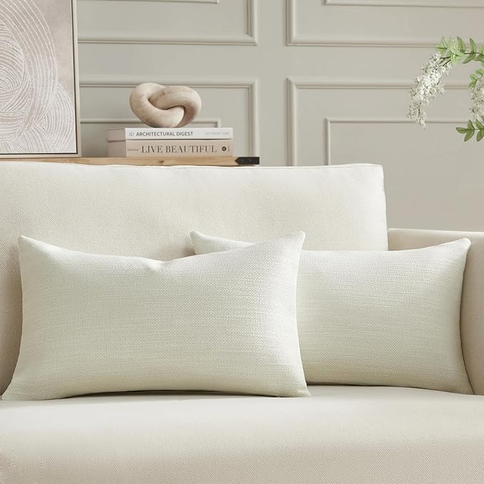 Meekio Set of 2 Linen Look Ivory Pillow Covers 12x20, Decorative Throw Pillow Covers for Couch, Sofa, Bed & Living Room Decor