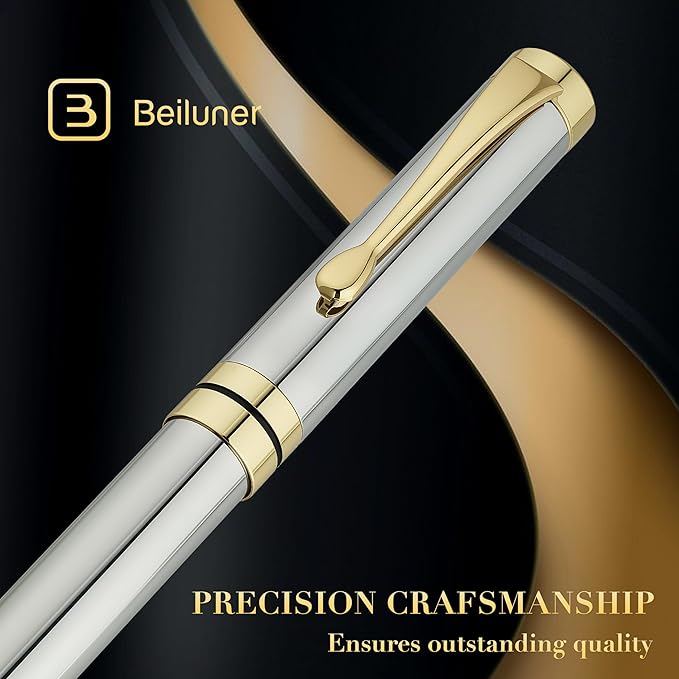 BEILUNER Ballpoint Pens, Stunning Bright Silver Chrome Metal Pen with Golden Trim, Best Ball Pen Gift Set for Men & Women, Professional, Executive, Office,Fancy-Gift Box with 0.5mm Black Extra Refill