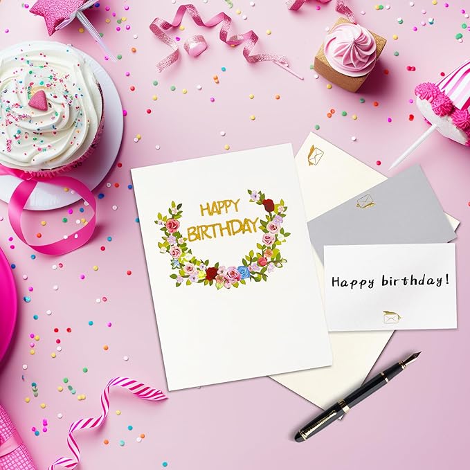 GREETING ART Musical Flower Birthday Card, Light and Music Pop Up Happy Birthday Card, Flower 3D Pop Up Birthday Gift Card for Women Wife Mom Daughter Sister