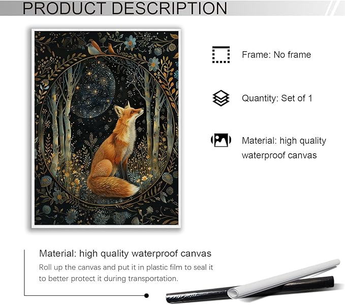 Nordic Rustic William Morris Fox Wall Art,William Morris Moon & Stars Print,William Morris Cute Fox Print Painting,Vintage Animal Wall Art Poster Decor for Living Room Bedroom 8x12in Unframed poster