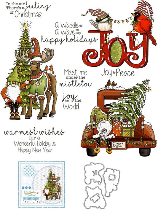 Dwarf Deer Christmas Tree Stamps and Cutting Dies for Card Making DIY Transparent Silicone Clear Stamp and Metal Die Cuts Sets for Scrapbooking Paper Greeting Cards Decor Seals Craft Supplies
