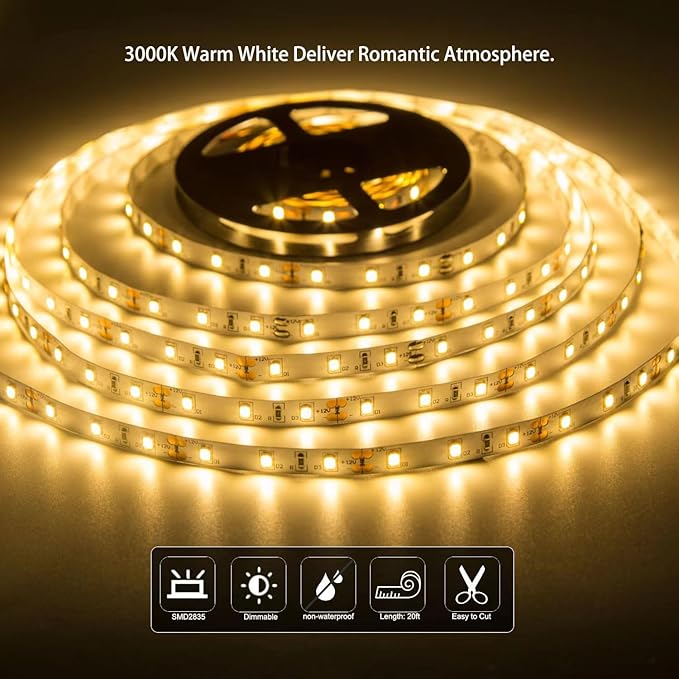 20FT LED Strip Light Warm White 360 LED Beads,12V Soft Dimmable Warm Lights Strip, for Bedrooms, Mirror, Kitchen, Home Decoration, Not Waterproof