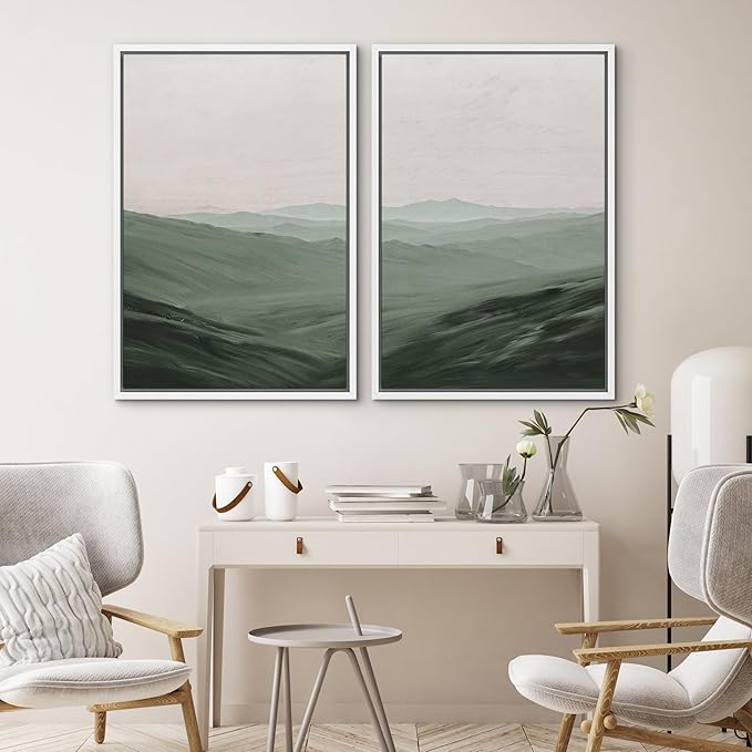 SIGNWIN Framed Canvas Print Wall Art Set Watercolor Green Mountain Valley View Nature Wilderness Illustrations Fine Art Farmhouse Minimal for Living Room, Bedroom, Office - 24"x36"x2 White