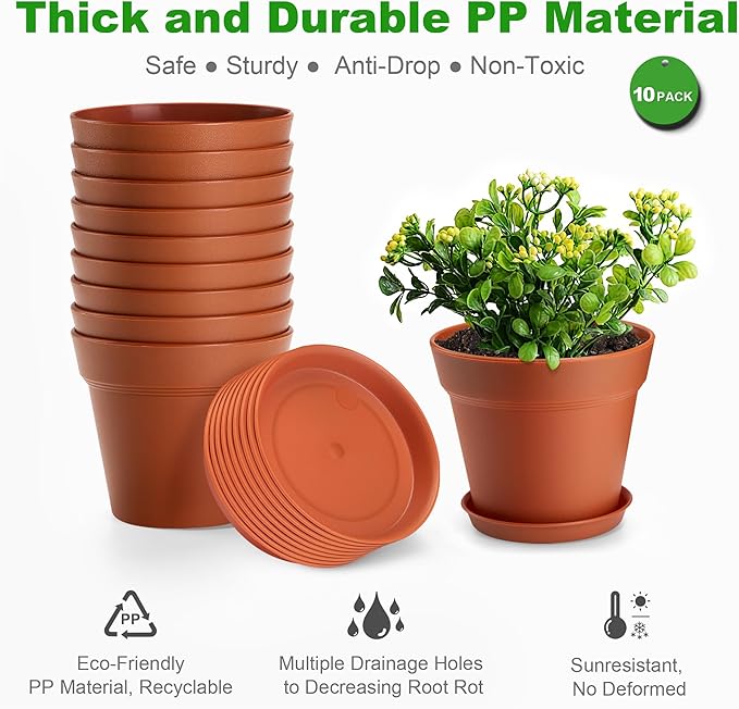 10 Pack Plastic Plant Pots with Drainage Holes and Tray, 5 inch Thickened Indoor Planters Seedlings Nursery Pots for Flowers, African Violet, Succulent and All House Plants, Terracotta