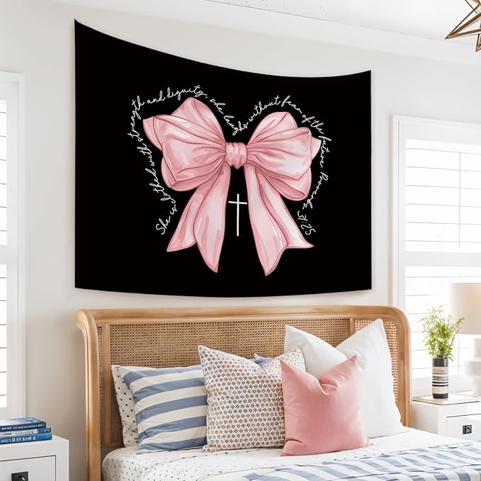 STHTTSW Coquette Pink Bow Christian Tapestry, Cute Tapestries Wall Blanket, Girly Religious Wall Hanging Decor for Girls Women College Dorm Apartment Bedroom Church, 50x60 Inch