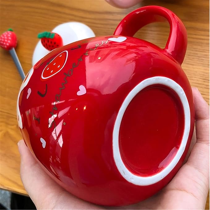 Coffee Mug Cups Ceramic Tea Cup Fruits Strawberry Shaped Handmade Cute Mugs With Lid Spoon Handle Office Home Hot Ice Chocolate Milk Mugs Gift Microwave Dishwasher Safe Travel Mugs (Strawberry)