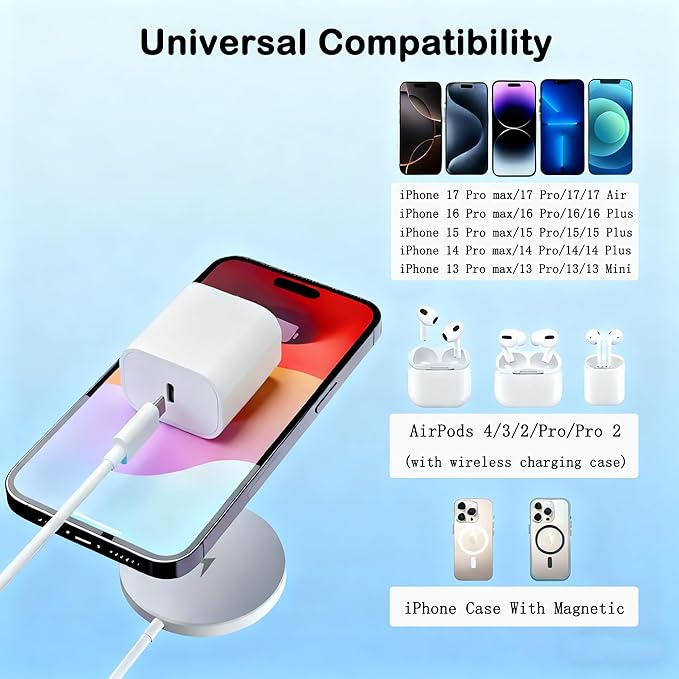 [Apple MFi Certified]Mag-Safe Charger for iPhone 17/16/15,15W Fast Magnetic Wireless Charging Pad with USBC PD Block for iPhone 17/17 Air/17 Pro Max/17 Pro/16 Pro Max/16/15/14/13/12/11,AirPods 3/Pro 2