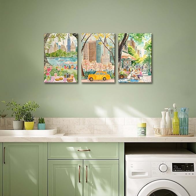 XLARTMY New York City Poster Travel Wall Art Canvas Framed Watercolor NYC Central Park Landmarks Artwork Decor Painting Prints Pictures Set of 3 for Bedroom Living Room Bathroom Office 16x24in