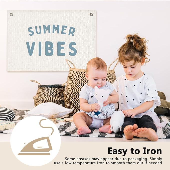Coastal Beach Summer Vibes Kids Room Decor - Linen Banner Wall Hanging Canvas Banner Flag Decor for Kids Toddler Bedroom Nursery Playroom